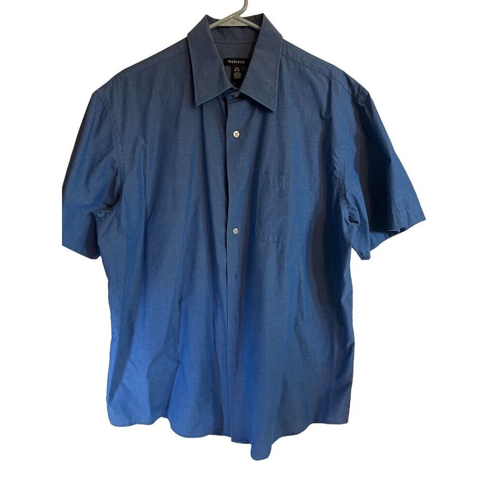 Van Heusen Mens Blue Short Sleeve‎ Button Down Shirt L 16½ Cotton Polyester